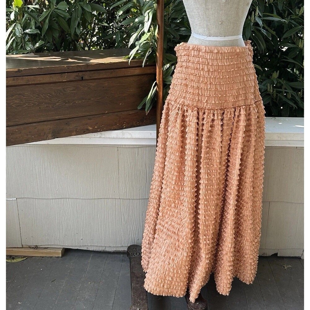 Krizia Tiered Ruffle Maxi Skirt Peach Romantic Boho Statement Luxe Runway Sz S